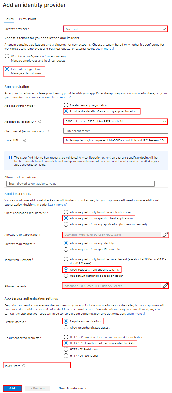 Screenshot, der zeigt, wie Sie Ihrer Funktions-App in einem externen Mandanten eine Authentifizierung hinzufügen.