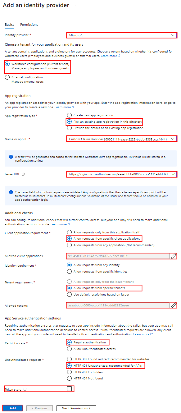 Screenshot, der zeigt, wie Sie Ihrer Funktions-App in einem Workforce-Mandanten eine Authentifizierung hinzufügen.