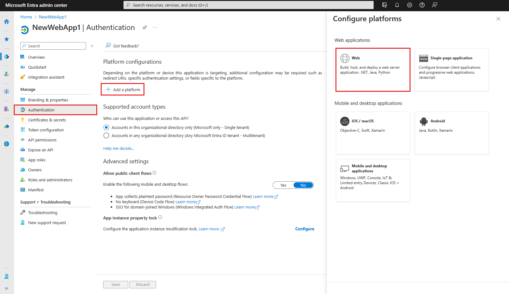 Screenshot: Auswählen der Plattform für die Anwendung.