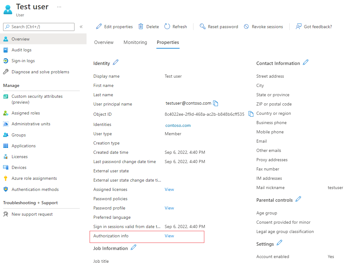 Screenshot: Autorisierungsinformationen anzeigen