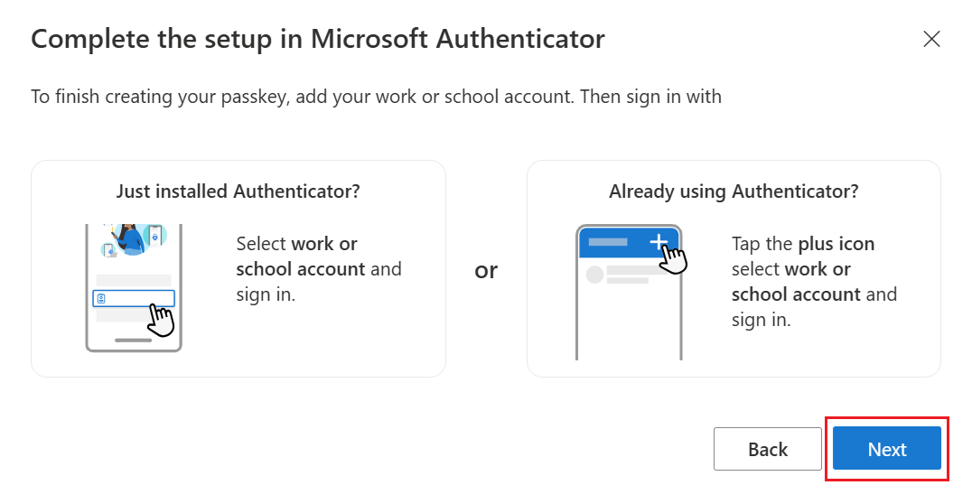 Screenshot zeigt den Assistenten zum Abschließen des Passkey-Setups in Authenticator auf Android.