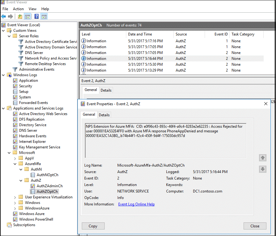 Beispiel eines Microsoft Entra-Multi-Faktor-Authentifizierungsprotokolls in der Ereignisanzeige
