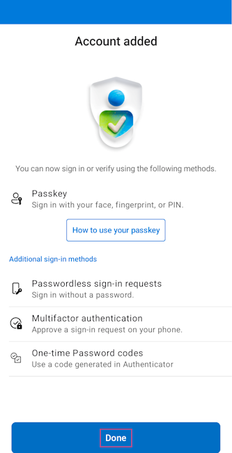 Screenshot, das ein Konto zeigt, das zur Authenticator-App für Android-Geräte hinzugefügt wurde.