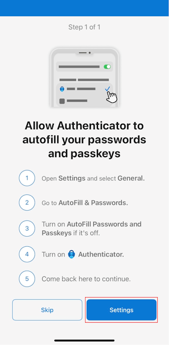 Screenshot, der das Öffnen von Einstellungen zeigt, um die Anweisungen auf dem Bildschirm mithilfe von Authenticator für iOS-Geräte zu befolgen.