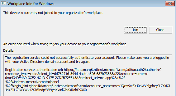 Screenshot: Dialogfeld „Workplace Join for Windows“. Im Text ist angegeben, dass während der Kontoauthentifizierung ein Fehler aufgetreten ist.