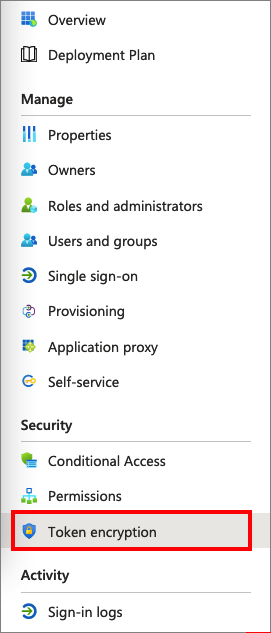 Screenshot des Auswählens der Option „Tokenverschlüsselung“ im Microsoft Entra Admin Center.