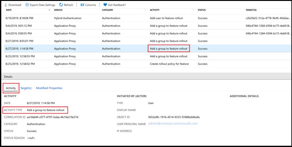 Bereich „Gruppe zum Featurerollout hinzufügen“, Registerkarte „Aktivität“