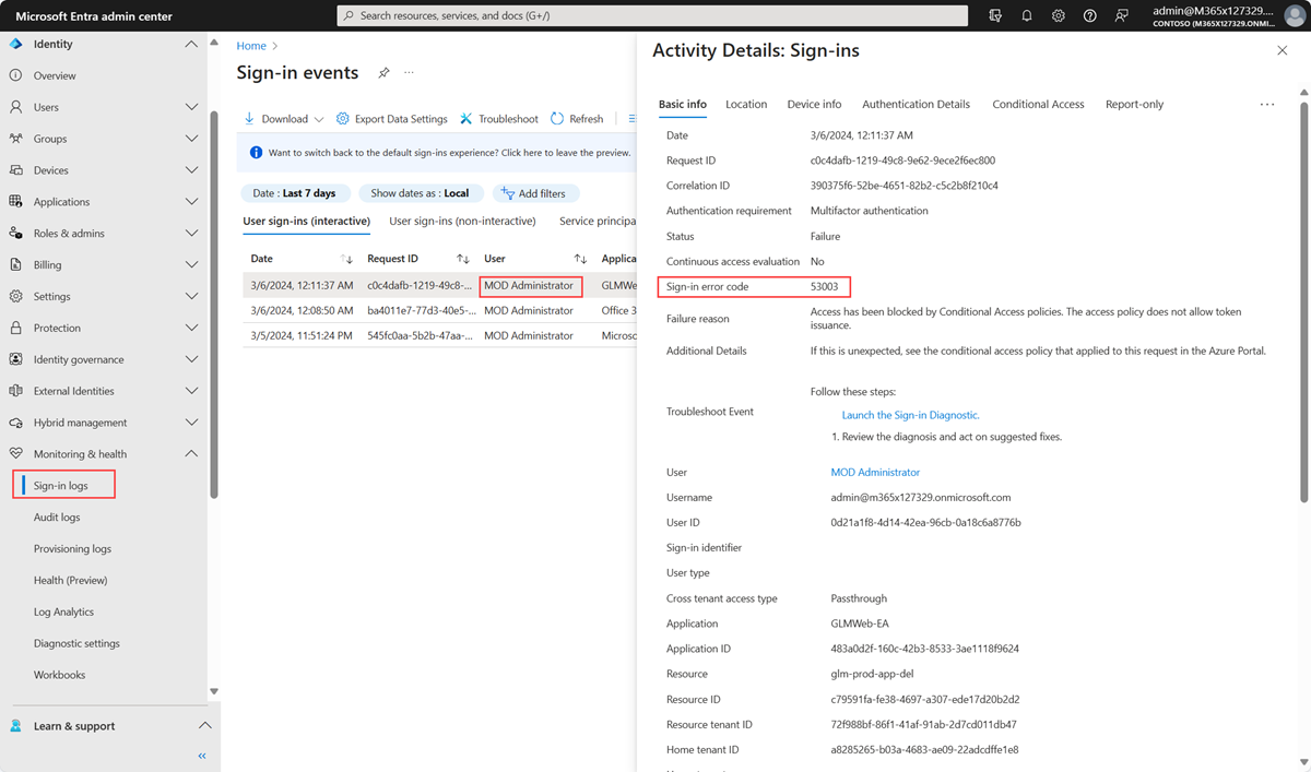 Screenshot: Anmeldebericht im Microsoft Entra Admin Center