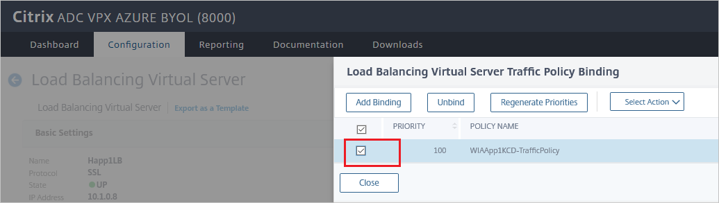 Bereich Screenshot der Citrix ADC SAML Connector for Microsoft Entra-Konfiguration: Bereich zum Binden der Datenverkehrsrichtlinie für den virtuellen Lastenausgleichsserver.