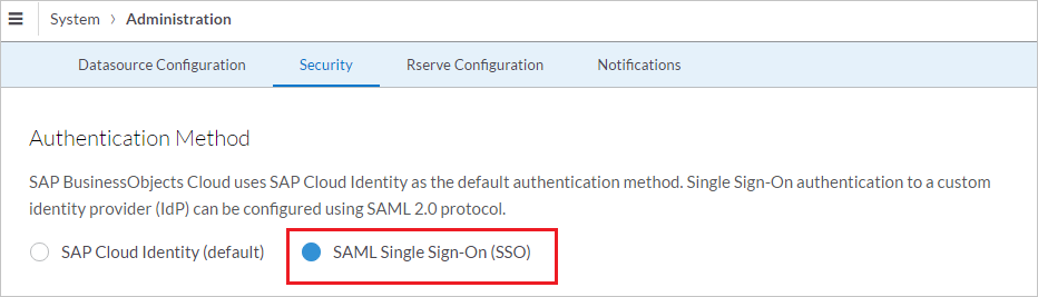 „SAML Single Sign-On (SSO)“ als Authentifizierungsmethode auswählen