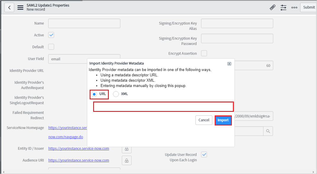 Konfigurieren des einmaligen Anmeldens Screenshot: Dialogfeld „Import Identity Provider Metadata“ (Metadaten des Identitätsanbieters importieren) mit Hervorhebung der URL und der Option „Import“ (Importieren)