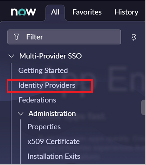 Konfigurieren des einmaligen Anmeldens Screenshot: Abschnitt „Multi-Provider SSO“ (Multi-Provider-SSO) mit Hervorhebung von „Identity Providers“ (Identitätsanbieter)