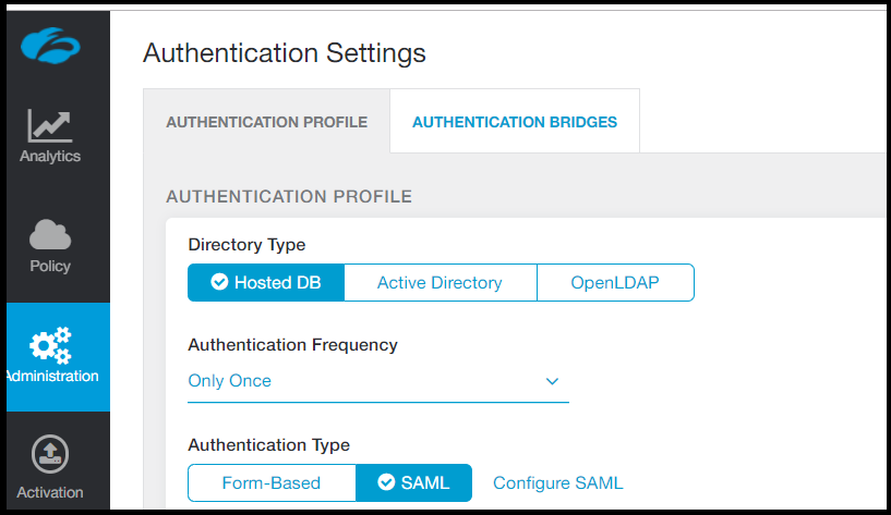 Unter „Authentifizierungseinstellungen“ sind im Authentifizierungsprofil der Verzeichnistyp „Hosted DB“ und der Authentifizierungstyp „SAML“ ausgewählt.