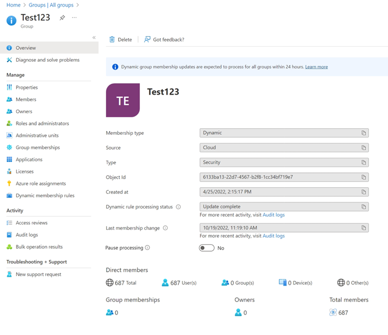 Screenshot eines Diagramms des Status der dynamischen Gruppe.