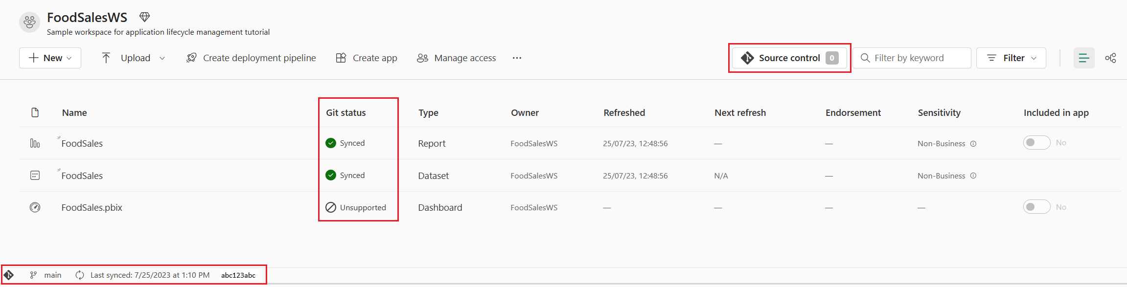 Screenshot des Quellcodeverwaltungssymbols und anderer Git-Informationen.