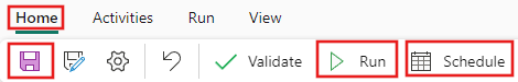 Screenshot, das die Registerkarte „Start“ im Pipeline-Editor zeigt, mit hervorgehobenen Schaltflächen für Speichern, Ausführen und Planen sowie den Namen der Registerkarte.