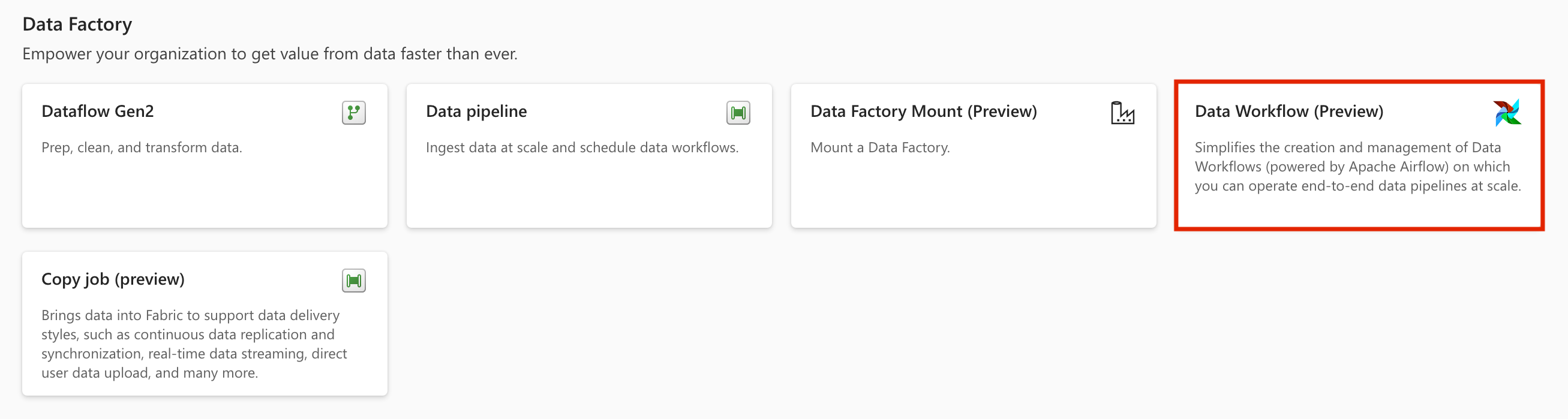 Screenshot zum Auswählen des Datenworkflows.