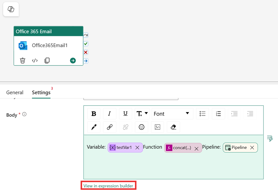 Screenshot einer Outlook-Aktivität mit einer Option zum Anzeigen im Ausdrucks-Generator.