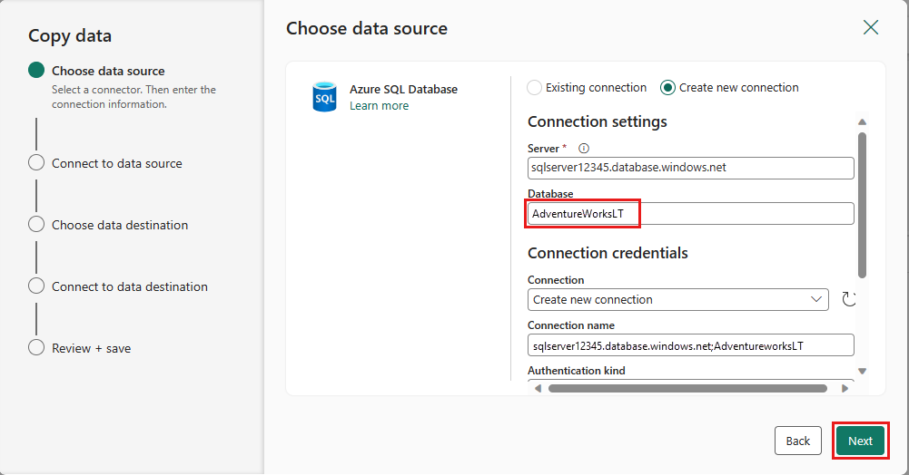Screenshot, der zeigt, wo eine neue Verbindung erstellt werden soll.