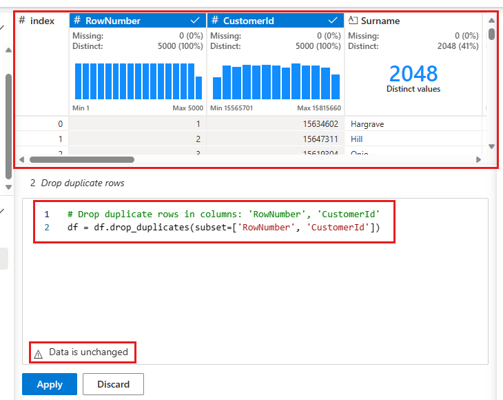 Screenshot zeigt das Entfernen doppelter Zeilen in Data Wrangler.