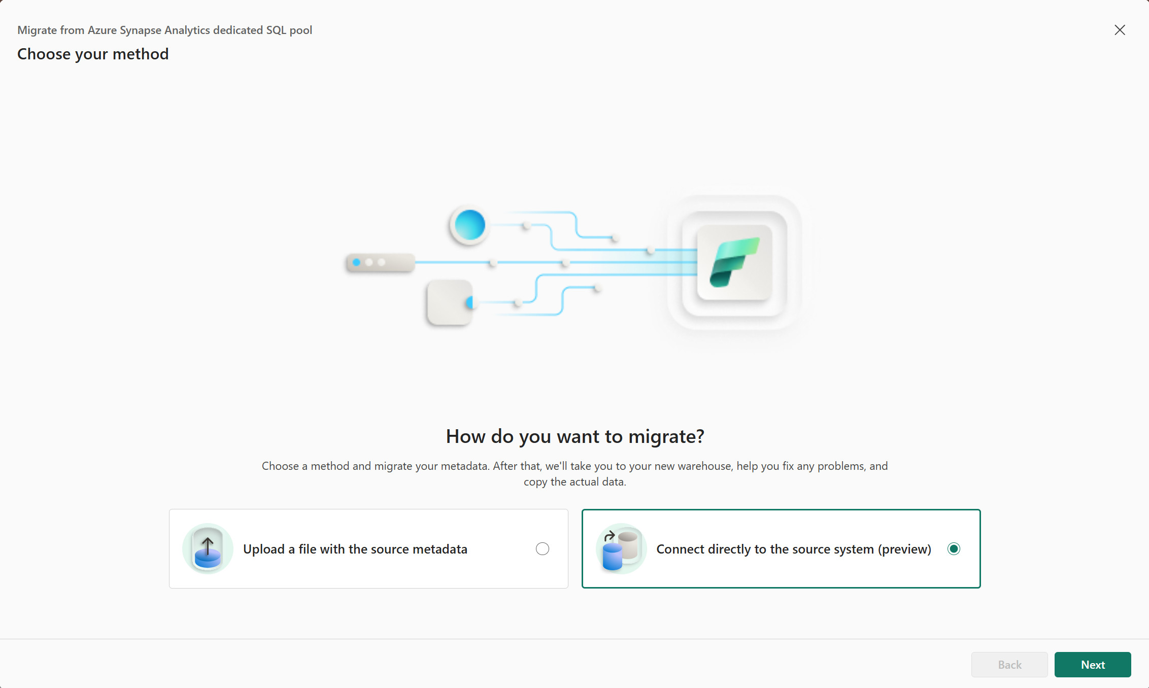 Screenshot aus dem Fabric-Portal der Eingabemethode für die Migration zur Verbindung mit dem Quellsystem.