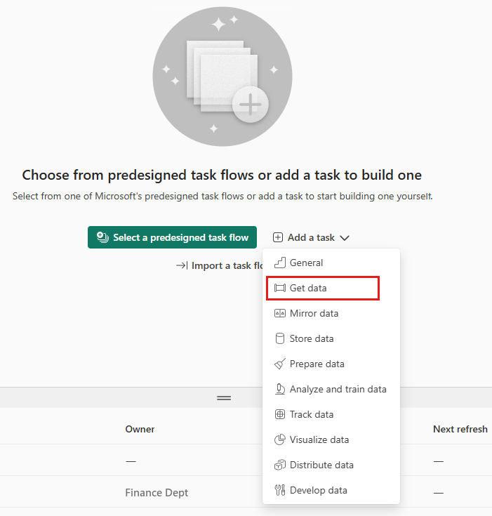 Screenshot: Dropdownauswahl „Aufgabe hinzufügen“ in der Aufgabenflusscanvas