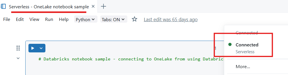 Screenshot, der zeigt, wie Sie das Databricks-Notizbuch mit serverloser Berechnung verbinden.