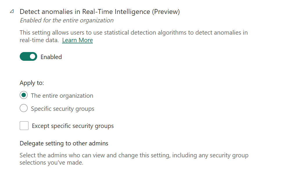 Screenshot der Aktivierung von „Anomalien erkennen“ in Real-Time Intelligence (Vorschau) im Admin-Portal.