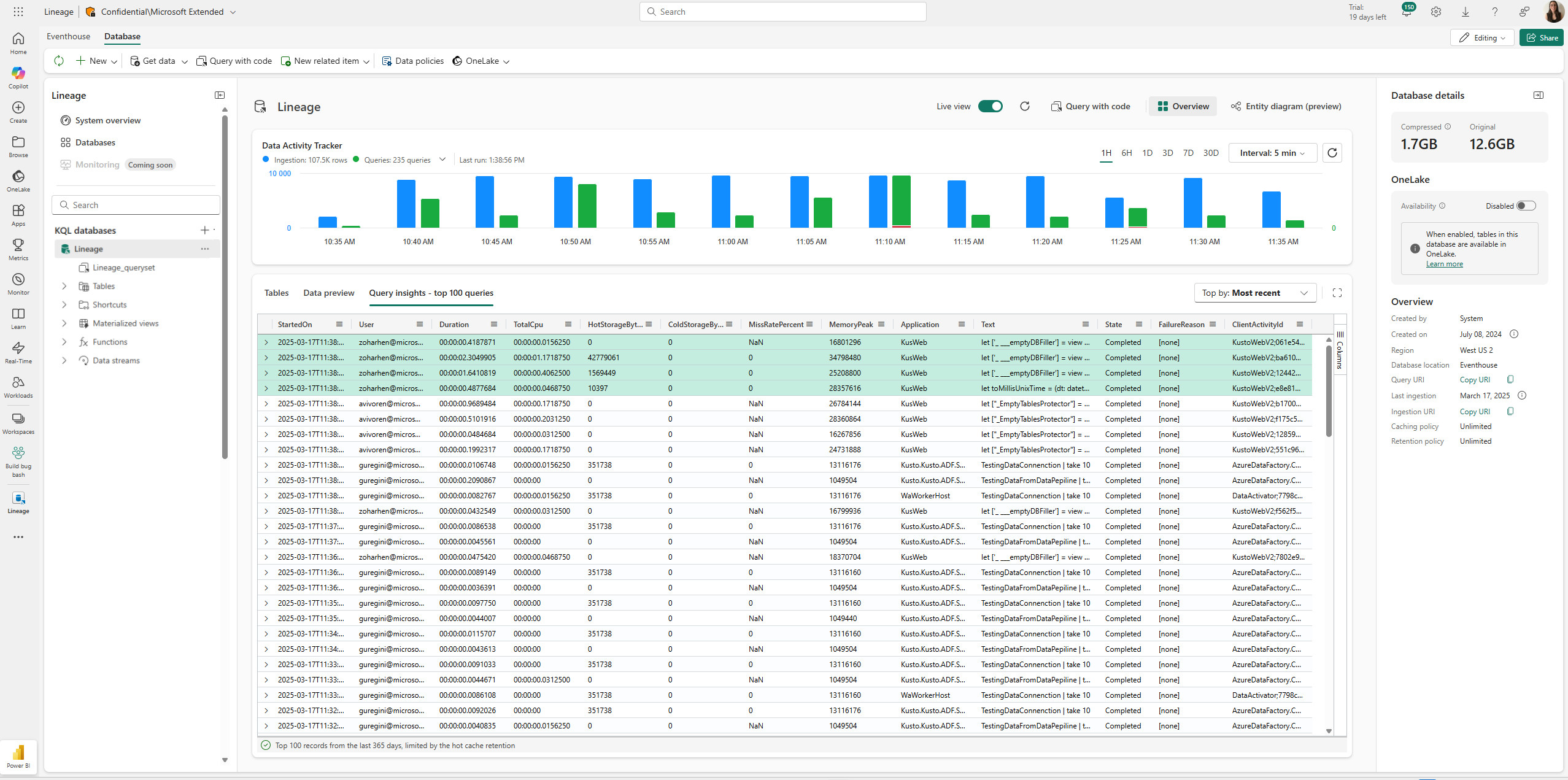 Screenshot der KQL-Tabellenseite mit den Tabellendetailkarten.