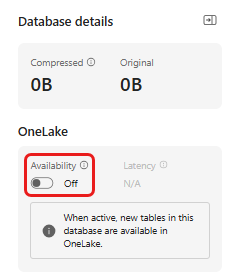 Screenshot der Aktivierung der OneLake-Verfügbarkeit in Ihrem Eventhouse.