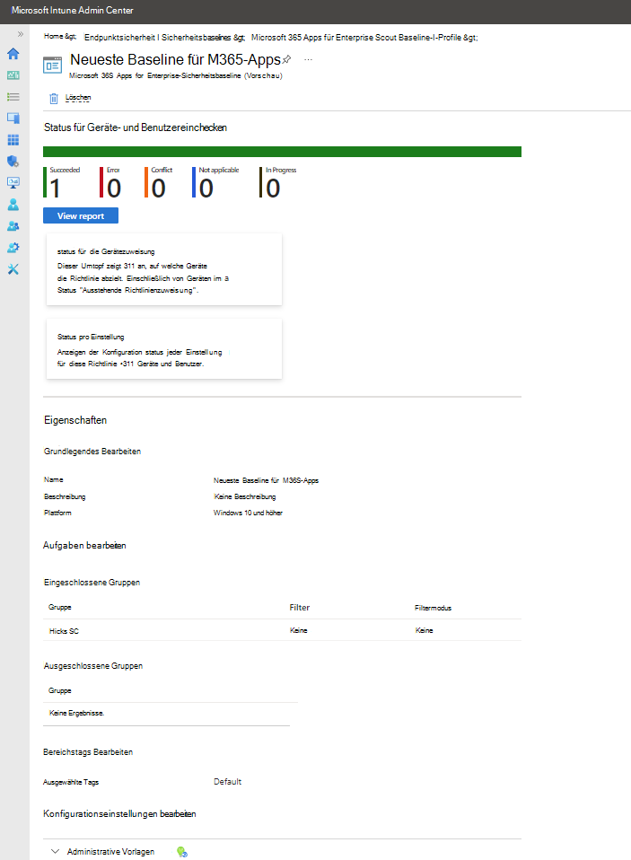 Zeigen Sie das Dashboard für ein Sicherheitsbaselineprofil an.