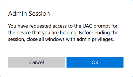 Screenshot des Prompts zum Aktivieren der Unterstützung für erhöhte Rechte während einer Remotehilfesitzung unter Windows.