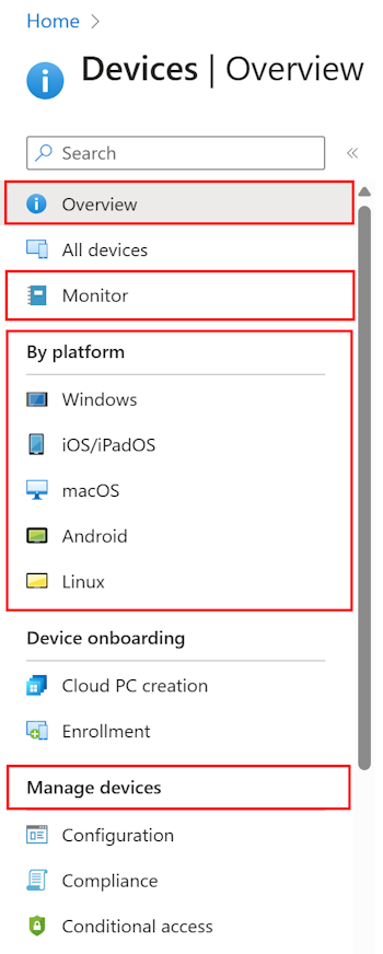 Screenshot, der zeigt, wie Sie Geräte auswählen, um zu sehen, was Sie in Microsoft Intune konfigurieren und verwalten können.