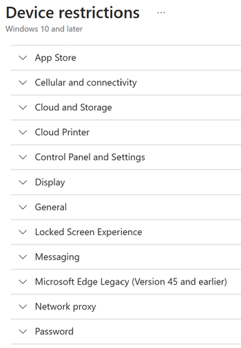 Alle Geräteeinschränkungseinstellungen für Windows-Geräte in Microsoft Intune.