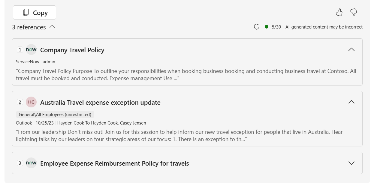 Screenshot der Referenzliste für Copilot-Connectors in Microsoft 365 Copilot