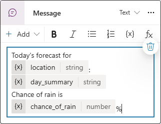 Screenshot des Nachrichtenknotens mit einer Nachricht, die Ausgabeparameter aus dem Flow verwendet.