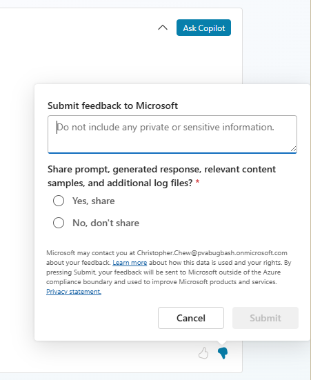 Screenshot des Bereichs „Feedback an Microsoft senden“