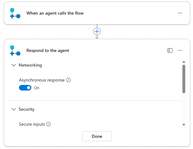 Screenshot des Aktions-Einstellungsbereich „An Agent anworten“, wobe der Umschalter mit der asynchronen Antwort auf „Ein“ festgelegt werden muss.