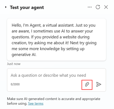 Screenshot des Bereichs „Ihren Agenten testen“ mit hervorgehobenem Büroklammersymbol, das zum Hochladen von Bildern verwendet wird.
