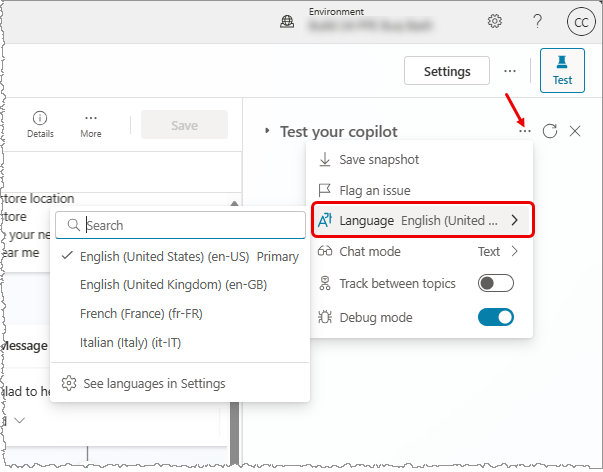 Bildschirm mit der Auswahl der sekundären Sprache im Test-Copiloten.