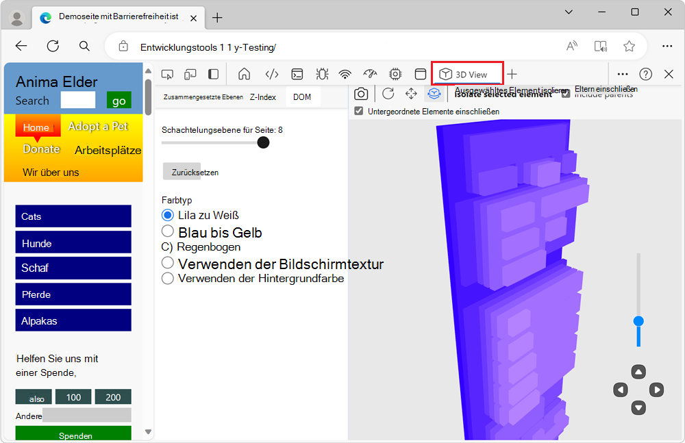 Das Tool für die 3D-Ansicht, das im Hauptbereich angezeigt wird und dessen Registerkarte in der Aktivitätsleiste angezeigt wird