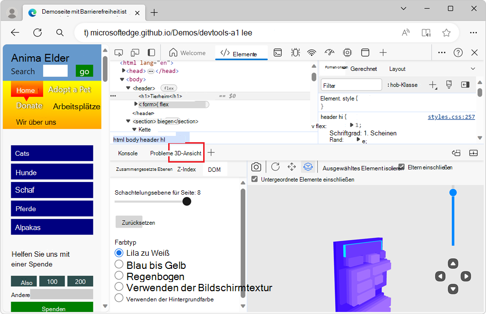 Das 3D-Ansichtstool, das im Bereich 