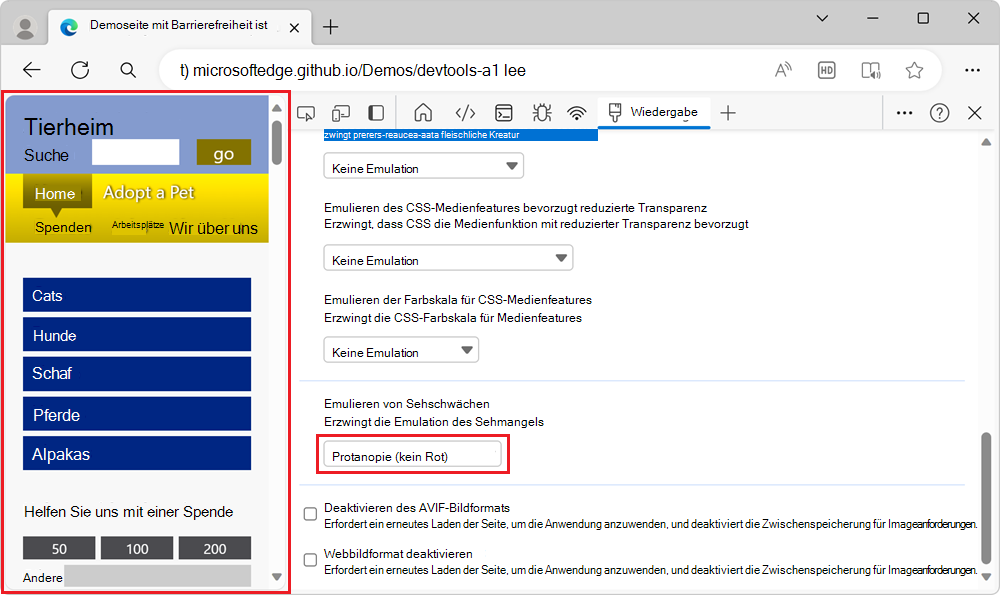 Das Browserfenster mit geänderten Farben auf der Webseite, um den ausgewählten Farbsehenmangel zu simulieren