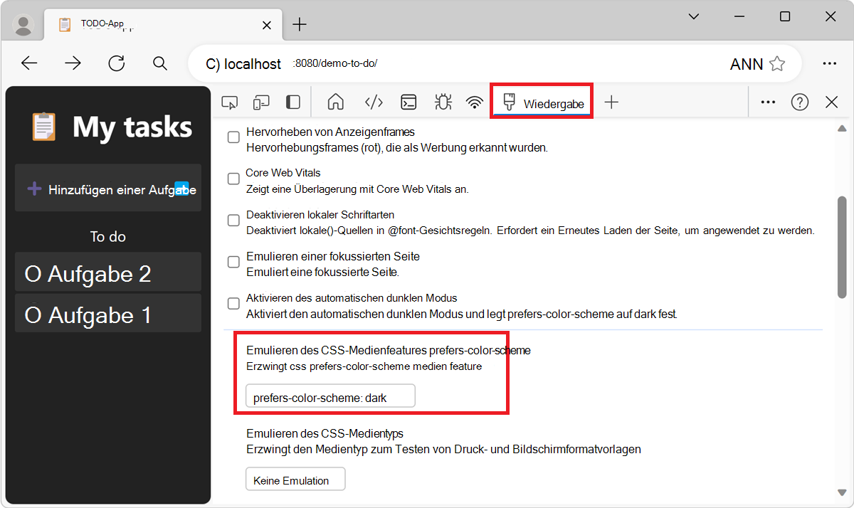 Emulieren des dunklen oder hellen Modus mit dem Renderingtool