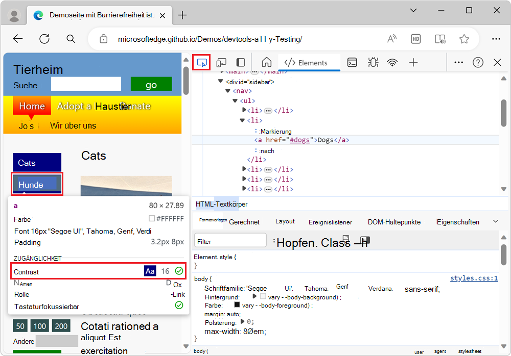 Die Links im Navigationsmenü der Randleiste weisen einen ausreichenden Kontrast auf, wie in der Überlagerung 