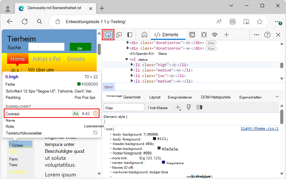 Ein Element, das nicht über genügend Kontrast verfügt, wie in der Warnung im Inspect-Tool gezeigt