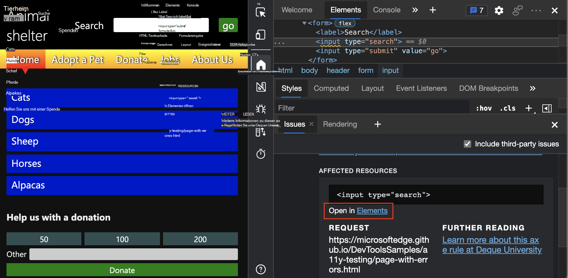 Elementtool, das den problematischen HTML-Code anzeigt, nachdem auf den Link im Problemtool geklickt wurde