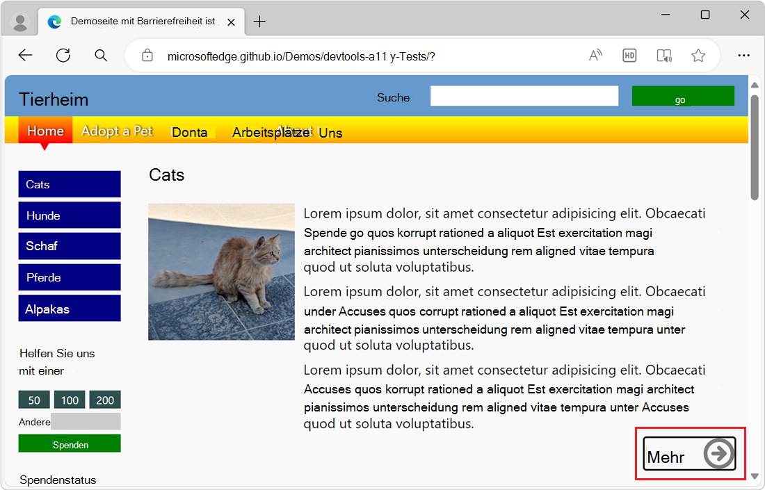 Navigieren im Dokument mithilfe der Tastatur und der TAB-TASTE. Der Fokus wird auf einem Link im Dokument angezeigt.