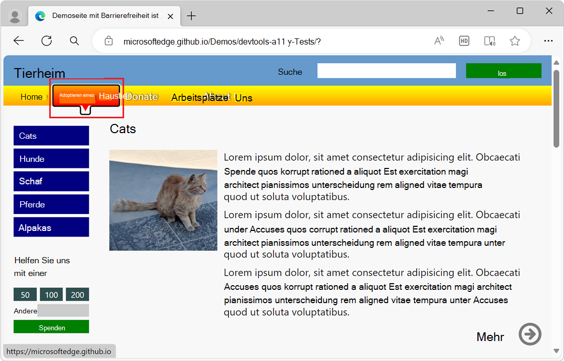 Das Hauptmenü verfügt über eine Hervorhebung und eine Fokuskontur und ist somit über die Tastatur zugänglich.
