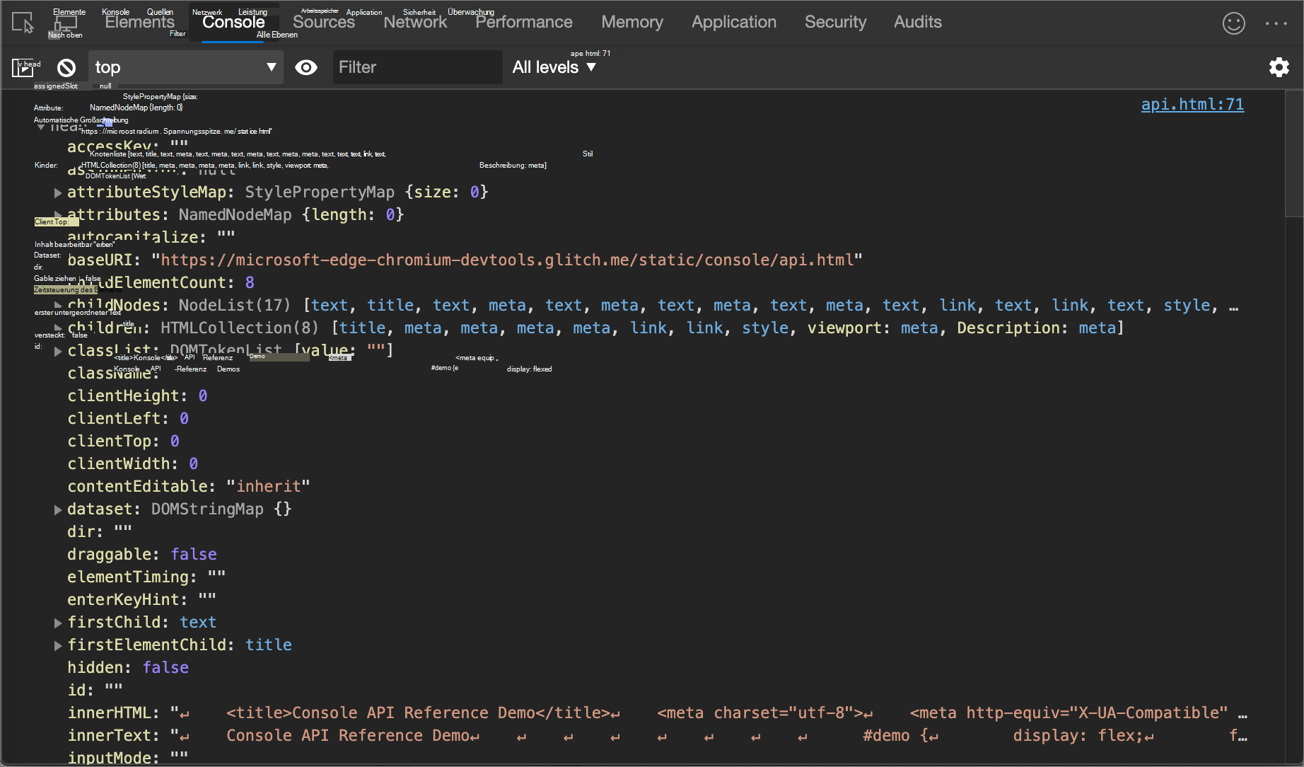 Das Ergebnis des Console.dir()-Beispiels